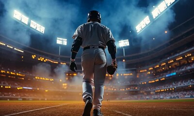 A baseball player walks towards the field under stadium lights, preparing for the game at night - Powered by Adobe