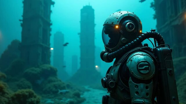 Underwater exploration diver in lost city ruins deep sea adventure diving scuba gear ocean exploration discover 100