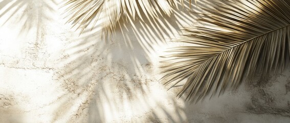 Obraz premium Golden Palm Leaves Cast Shadows on Light Beige Marble