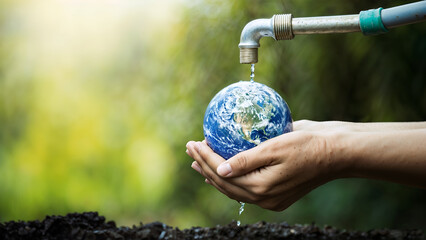 Water Conservation Concept &ndash; Hands Holding Earth with Faucet Dripping Fresh Water, Symbolizing Sustainability, Eco-Friendly Practices, and Global Resource Protection