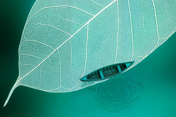 Surreal Leaf Boat Floating on Water &ndash; Nature-Inspired Conceptual Art, Dreamlike Symbolism, and Eco-Friendly Vision for Imaginative, Environmental, and Adventure Themes