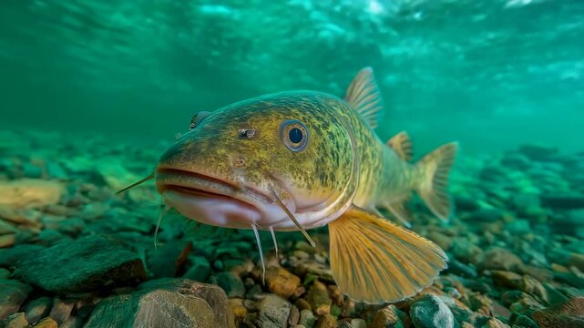 Underwater view of a freshwater lingcod fish swimming in clear water over a rocky riverbed environment.
