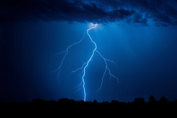 Dramatic Lightning Bolt Strikes Over Dark Cityscape &ndash; Powerful Thunderstorm, High-Contrast Weather Phenomenon, and Intense Natural Energy for Science, Climate, and Atmospheric Photography Themes