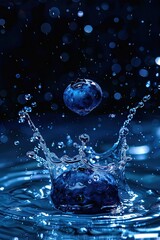 Ultra HD macro shot of a dark blue blueberry falling into crystal clear water, slow motion splash effect, droplets suspended in mid-air