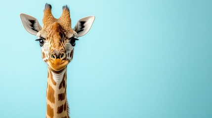 Fototapeta premium Playful Giraffe Portrait Against a Light Blue Background