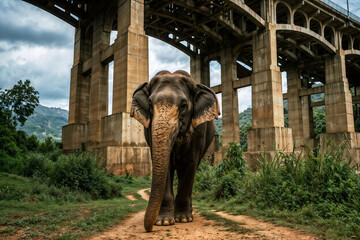 Majestic Elephant Standing Under Concrete Bridge &ndash; Striking Contrast Between Wildlife and Urban Infrastructure, Symbolic Composition for Conservation, Travel, and Documentary Photography