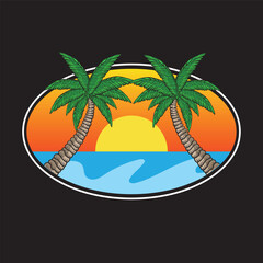 Obraz premium Palm trees with lush green leaves stand at the edge of a tranquil shore under a bright, glowing sun. Black birds fly in the sky, enhancing the peaceful ambiance.