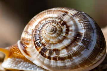 Macro close-up of a snail's shell, revealing its spiral pattern, texture, and natural imperfections with soft, diffused light highlighting the details.