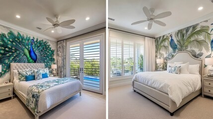 Two opulent bedrooms showcasing tropical and peacock themed wall decor.