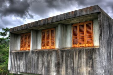 Gray concrete building with weathered shutters