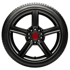 Obraz premium Modern black alloy car wheel with red center cap and detailed tread pattern on tire suitable for vehicle customization and automotive design projects