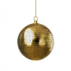 Golden disco ball hanging isolated on white background