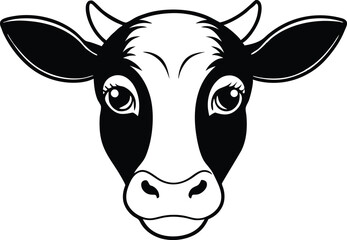black and white cow head illustration with detailed features