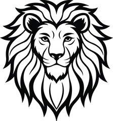 detailed black and white lion head illustration with mane