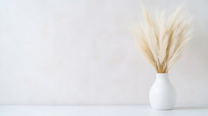 A white ceramic vase with tall dried pampas grass, standing on a minimalist white surface against a plain light background, and serene home decor concept.