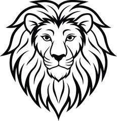 detailed black and white lion head illustration with mane