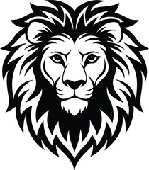 detailed black and white lion head illustration with mane