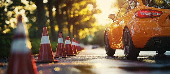 Orange car driving through cones, sunny day, training