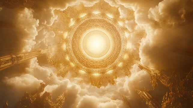 Golden architectural structure in clouds