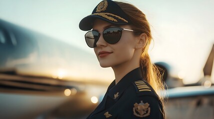 A confident female pilot, wearing a formal uniform and aviator goggles, stands proudly in front of an airplane on a sunny day, representing leadership, empowerment, and the modern air travel industry.