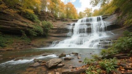 Obraz premium A serene autumn waterfall cascades down rocky cliffs surrounded by vibrant foliage in a lush forest landscape.