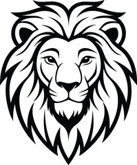 detailed black and white lion head illustration with mane
