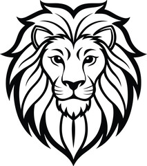 detailed black and white lion head illustration with mane