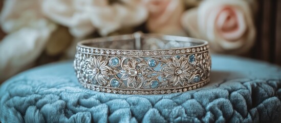Fototapeta premium Ornate Silver Bracelet on Blue Velvet, Vintage Jewelry, Floral Design