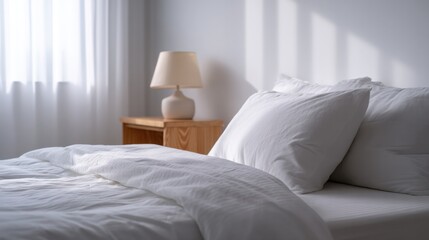 minimalistic cozy bedroom setup with soft light filtering through sheer curtains