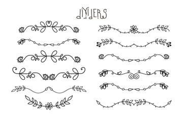 Fototapeta premium Set of doodle floral hand drawn dividers, graphic elements isolated on white background,