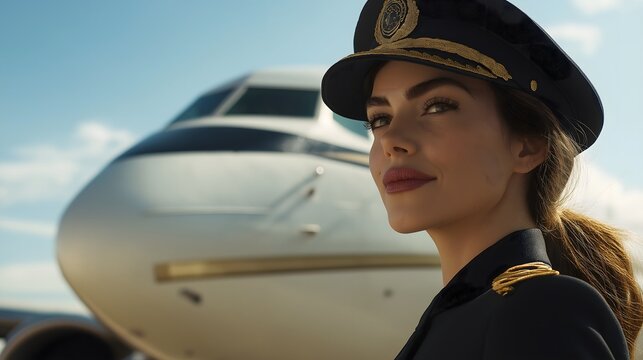A confident female pilot, wearing a formal uniform and aviator goggles, stands proudly in front of an airplane on a sunny day, representing leadership, empowerment, and the modern air travel industry.