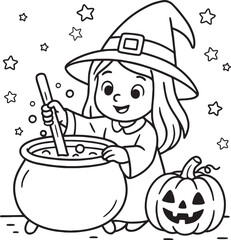 Coloring page for kids with cute Halloween witch  brewing a potion in a cauldron