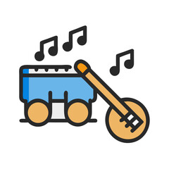 Cute musical cartoon with banjo and radio icons