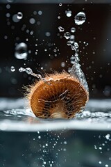 Ultra HD macro shot of a fuzzy brown kiwi slice falling into crystal clear water, slow motion splash effect, droplets suspended in mid-air