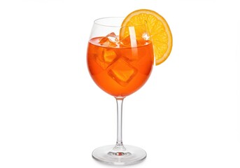 Orange drink with ice and slice on white background