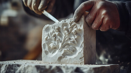 Craftsman Carving a Floral Design in Stone