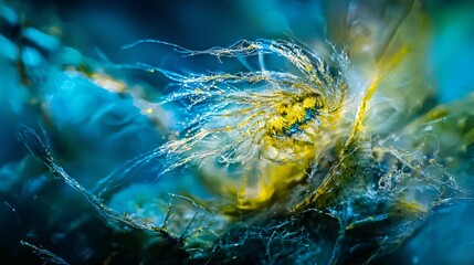 Captivating flower against a striking blue background illuminated by ethereal mists and volumetric lighting in an artistic setting