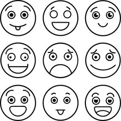black and white illustration of different emoji faces expressing emotions