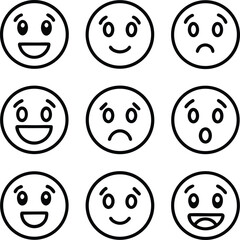 black and white illustration of different emoji faces expressing emotions