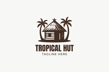 Traditional Tropical Palm Tree Hut Logo Beach Summer Paradise and Relaxation