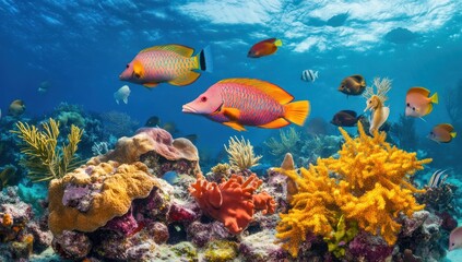 Fototapeta premium Tropical fish swim above vibrant coral reef