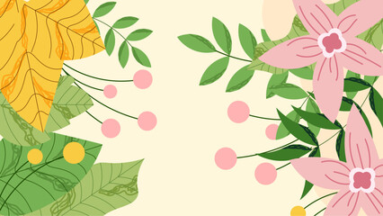 pink yellow and green abstract flowers and leaves shapes vector illustration