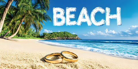 "Beach Wedding Rings Illustration &ndash; Tropical Ocean Romance Art"