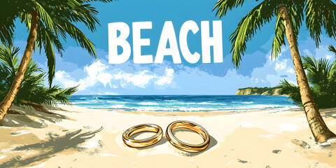 "Beach Wedding Rings Illustration &ndash; Tropical Ocean Romance Art"