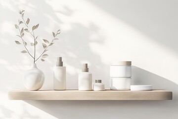 3D render of shelves with white products on a light background, 2D illustration, flat lay, front view, mockup template 