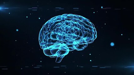 Holographic human brain rotating slowly in center of frame, glowing neon blue lines and wireframe design - Powered by Adobe