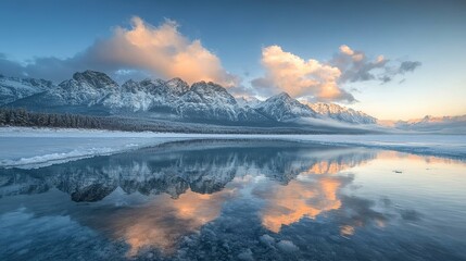 Fototapeta premium Stunning winter mountain lake landscape with peaceful reflection of clouds and snow capped peaks sky