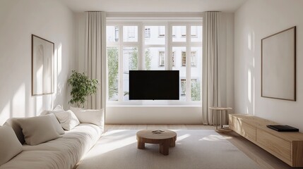 3D rendering of a mockup black screen TV on the wall in a Scandinavian-style living room interior with wooden furniture and white walls, a minimalist design concept. Bright natural light from the wind