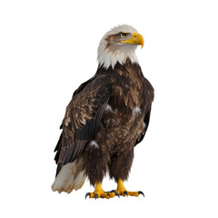 Fototapeta premium Detailed and realistic image of a majestic bald eagle standing upright showcasing its impressive wingspan, beak, fierce eyes, and powerful talons on a plain white background