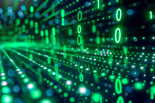 vibrant green neon binary symbols representing Internet of Things are beautifully displayed in a sleek and modern horizontal design    